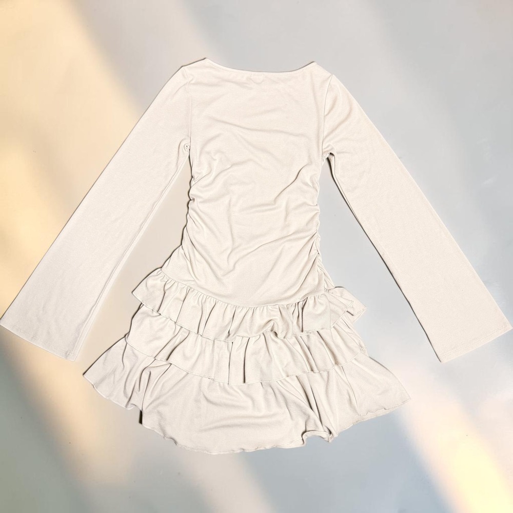 Free People Mini Dress Ruched Ruffle Beige Small Boho Y2K Streetwear